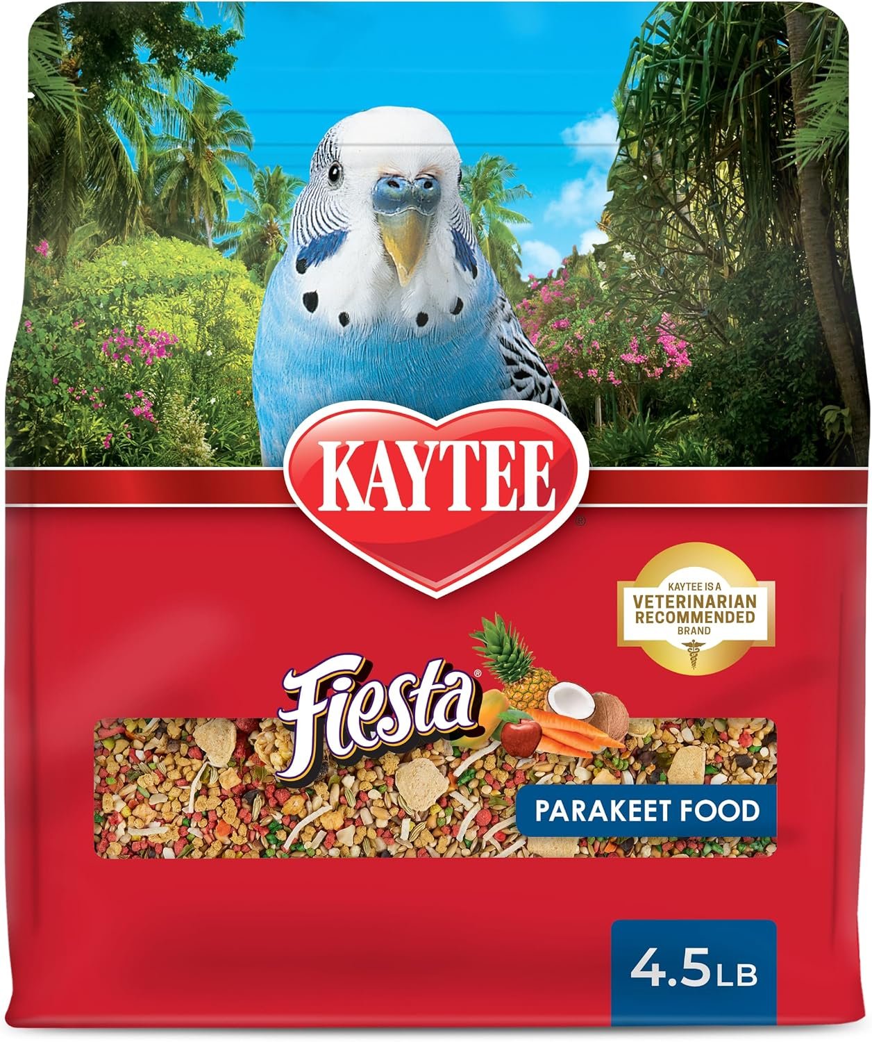 Kaytee Fiesta Parakeet Bird Food, Nutritious and Fun Blend, Supports Skin, Feather, Digestion, Brain and Heart Health, Bird Seed Mix, 4.5 Pounds