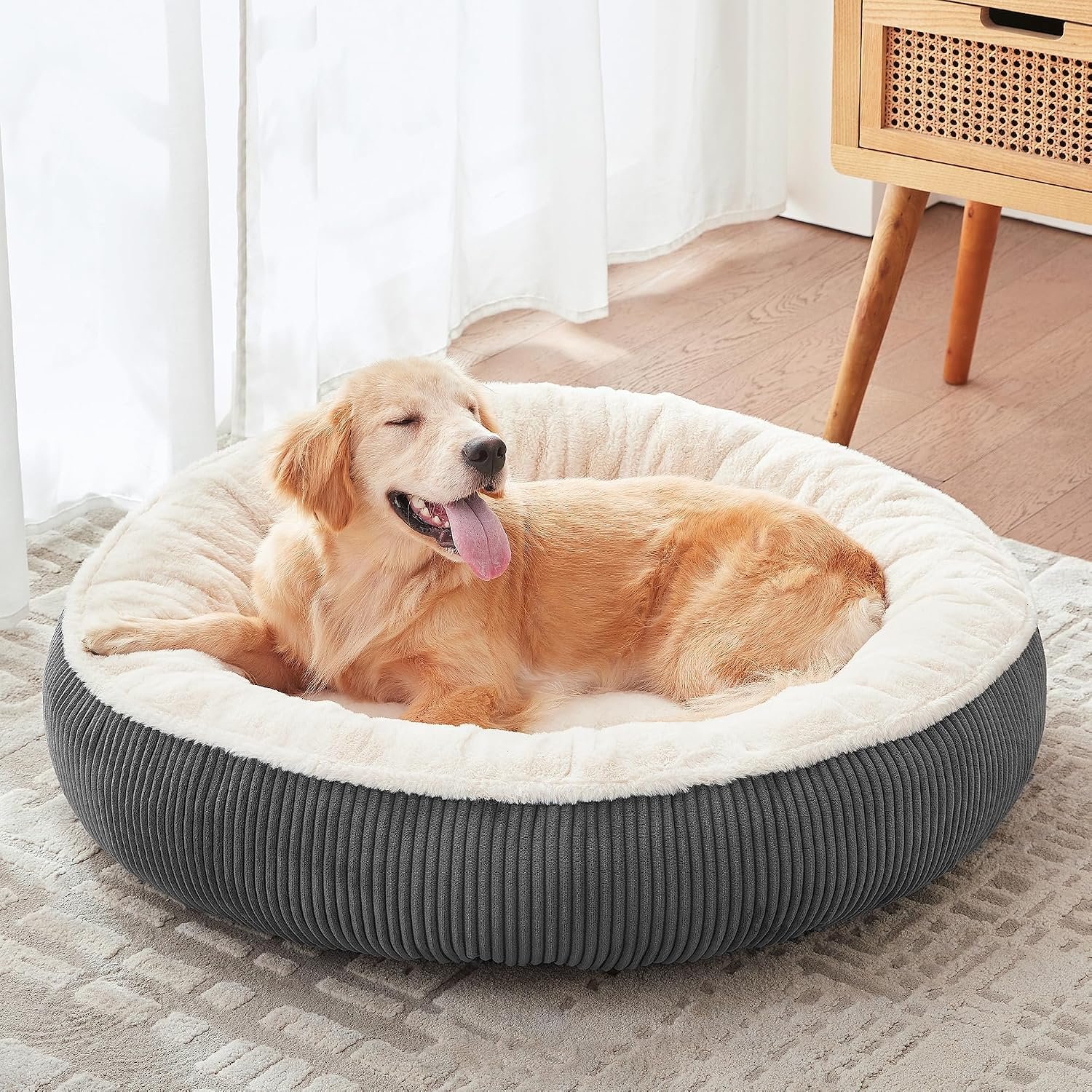 36 inches Calming Donut Dog Bed for Large Dogs,Dark Grey | Round Pet Bed with Removable&Washable Cover,Plush Faux Fur & Corduroy, Fits Pets up to 80 lbs
