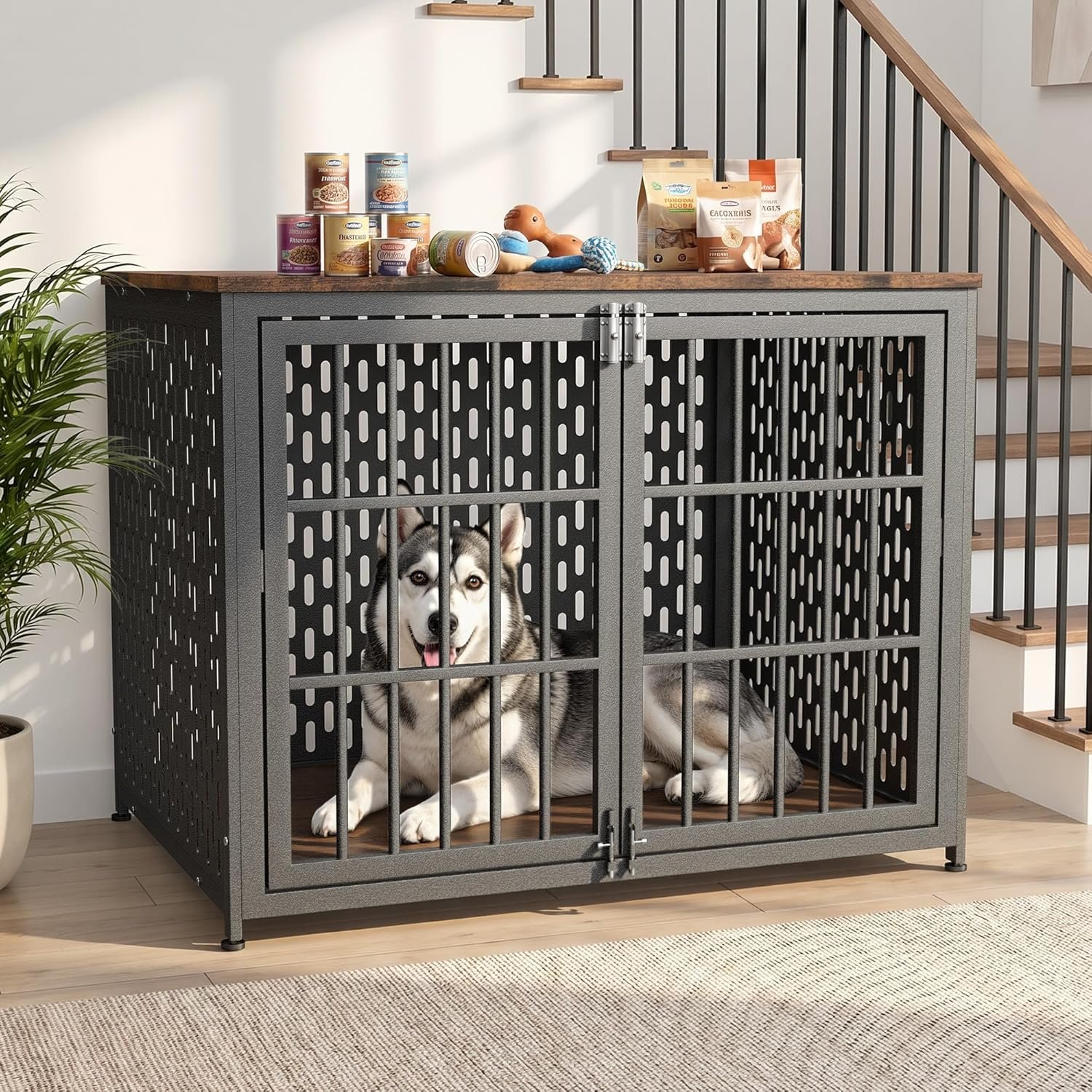 Heavy Duty Dog Crate Furniture 42 Inch, Decorative Dog Cage, Rustic Brown | 26-48in Size Choices Dog Kennel | Indestructible Steel | Chew Proof | Escap Proof Locks | Wooden Table | For Anxious Dogs