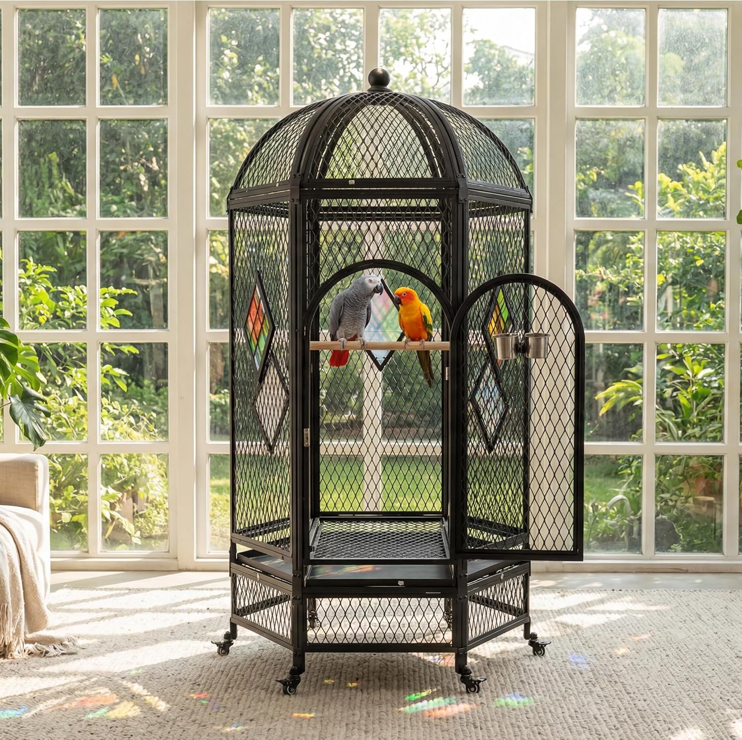 69″ Dome Top Bird Cage for Large Parrots, Heavy Duty Iron Aviary on Wheels with Rolling Stand & Slide-Out Tray for African Greys, Cockatoos, Macaws, Indoor Outdoor Use, Black