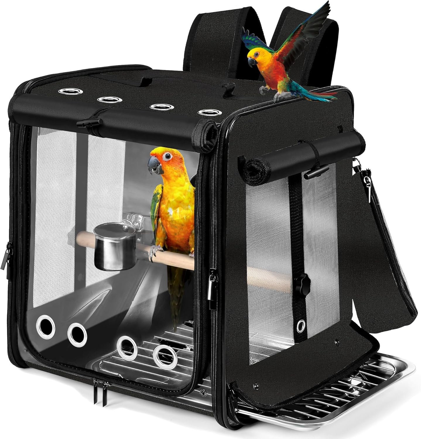 Bird Carrier with Seat Belt for Car Travel, Bird Backpack Carrier with Indestructible Stainless Steel Mesh, Large Bird Carrier Travel Cage, Black