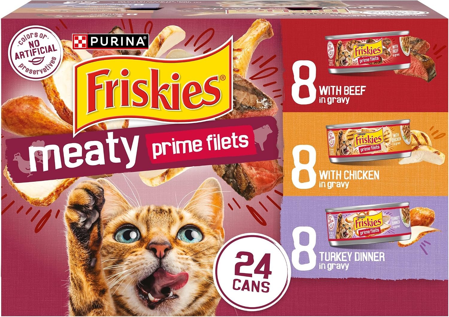 Purina Friskies Gravy Wet Cat Food Variety Pack, Prime Filets Meaty Favorites – (Pack of 24) 5.5 oz. Cans
