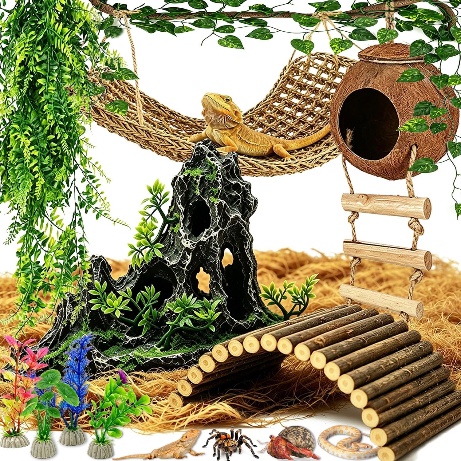 Reptile Tank Accessories Kit Bearded Dragon Tank Decor Leopard Gecko Habitat Accessories Reptile Hammock Coconut Hut Terrarium Decor
